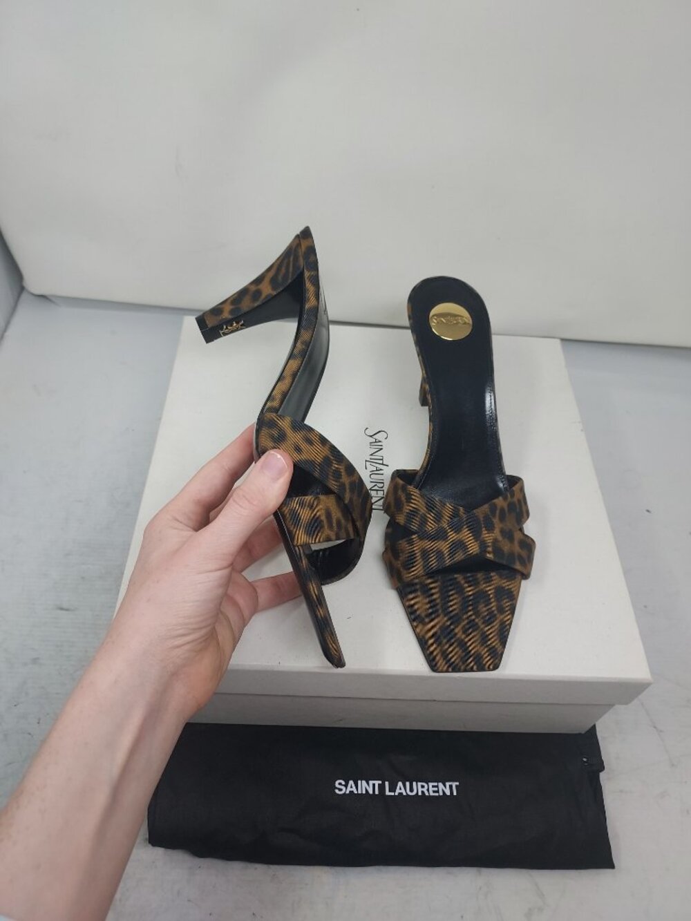 Saint Laurent Jill Womens Leopard Leather Sandal Logo Mule